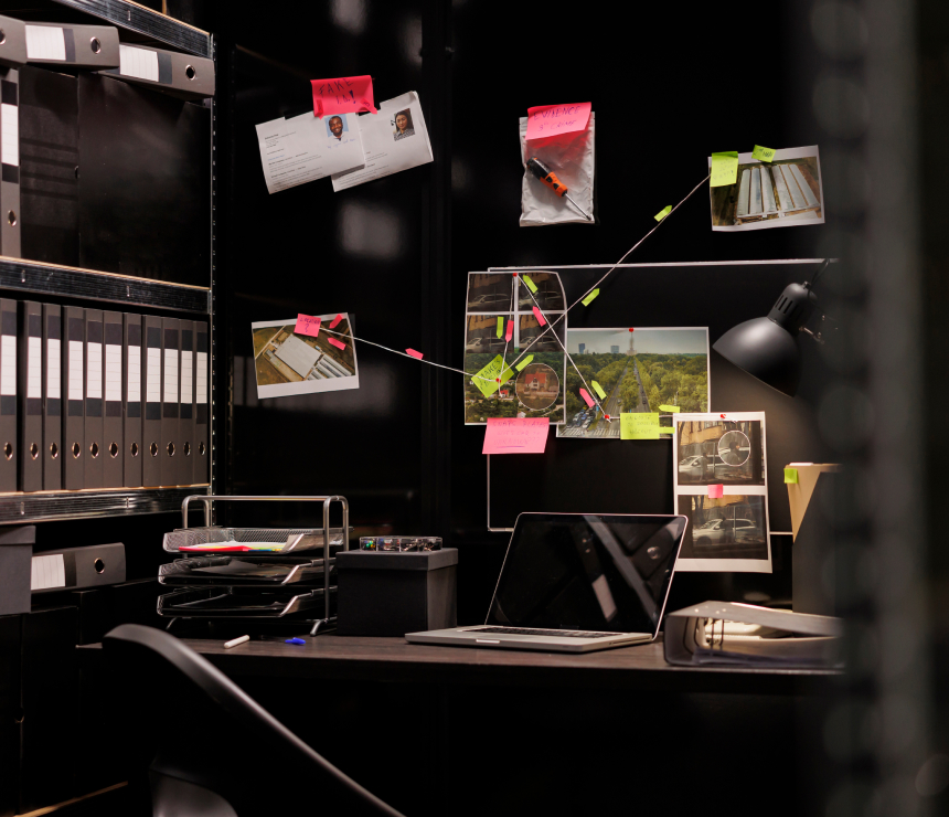 Imagem de uma sala investigativa com um planejamento criminal